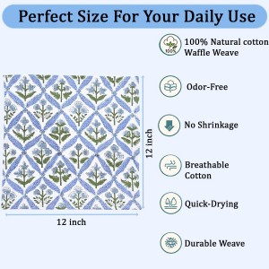 Ridhi Light Steel Blue Hand Block Print Cotton Waffle Dish Cloth Set of 6-12x12 Inch Super Absorbent, Soft, Reusable Kitchen Towels for Dish Drying Cleaning, Ideal for Spring, Easter, Valentine