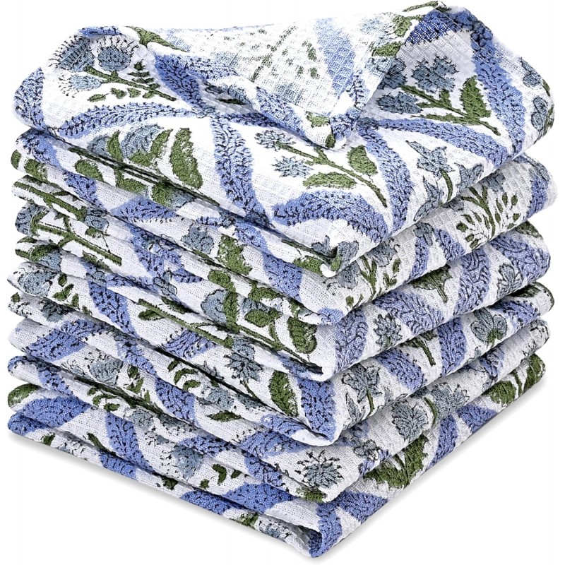 Ridhi Light Steel Blue Hand Block Print Cotton Waffle Dish Cloth Set of 6-12x12 Inch Super Absorbent, Soft, Reusable Kitchen Towels for Dish Drying Cleaning, Ideal for Spring, Easter, Valentine
