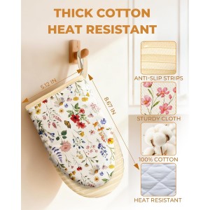Slohif Vintage Floral Mini Oven Mitts Set – Beige Extended Short Heat Resistant Kitchen Gloves for Women, 100% Cotton Oven Mitts with Silicone Grips, Non-Slip and Thick Durable for Cooking & Baking