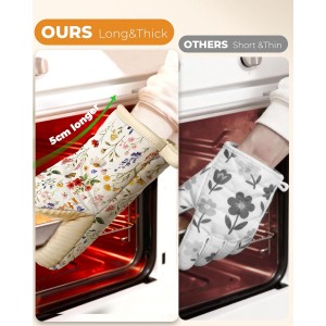 Slohif Vintage Floral Mini Oven Mitts Set – Beige Extended Short Heat Resistant Kitchen Gloves for Women, 100% Cotton Oven Mitts with Silicone Grips, Non-Slip and Thick Durable for Cooking & Baking