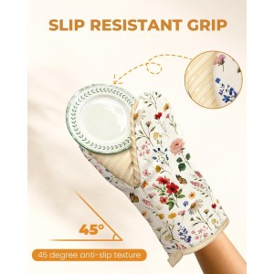 Slohif Vintage Floral Mini Oven Mitts Set – Beige Extended Short Heat Resistant Kitchen Gloves for Women, 100% Cotton Oven Mitts with Silicone Grips, Non-Slip and Thick Durable for Cooking & Baking