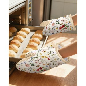 Slohif Vintage Floral Mini Oven Mitts Set – Beige Extended Short Heat Resistant Kitchen Gloves for Women, 100% Cotton Oven Mitts with Silicone Grips, Non-Slip and Thick Durable for Cooking & Baking