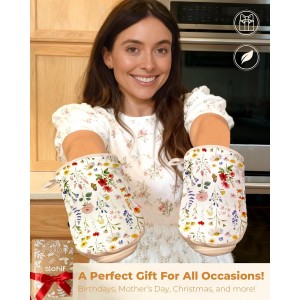 Slohif Vintage Floral Mini Oven Mitts Set – Beige Extended Short Heat Resistant Kitchen Gloves for Women, 100% Cotton Oven Mitts with Silicone Grips, Non-Slip and Thick Durable for Cooking & Baking