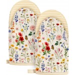 Slohif Vintage Floral Mini Oven Mitts Set – Beige Extended Short Heat Resistant Kitchen Gloves for Women, 100% Cotton Oven Mitts with Silicone Grips, Non-Slip and Thick Durable for Cooking & Baking