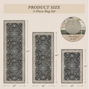 Black Kitchen Rugs Set of 3, Non-Slip Washable Kitchen Floor Mats, Low-Pile Runner Rug for Sink, Entryway, Bathroom, Laundry Room, Bedroom, Vintage Farmhouse Design