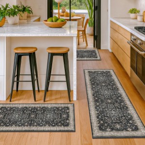 Black Kitchen Rugs Set of 3, Non-Slip Washable Kitchen Floor Mats, Low-Pile Runner Rug for Sink, Entryway, Bathroom, Laundry Room, Bedroom, Vintage Farmhouse Design
