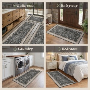 Black Kitchen Rugs Set of 3, Non-Slip Washable Kitchen Floor Mats, Low-Pile Runner Rug for Sink, Entryway, Bathroom, Laundry Room, Bedroom, Vintage Farmhouse Design