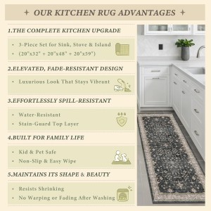 Black Kitchen Rugs Set of 3, Non-Slip Washable Kitchen Floor Mats, Low-Pile Runner Rug for Sink, Entryway, Bathroom, Laundry Room, Bedroom, Vintage Farmhouse Design