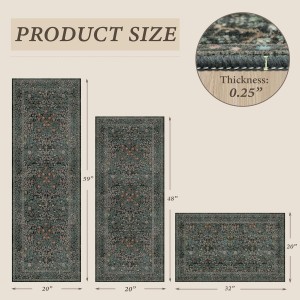 Black Green Kitchen Rugs Sets of 3, Washable Non-Slip Stain Resistant Mats & Runner, Low-Pile Vintage Botanical Floor Rugs for Entryway Bathroom Hallway Laundry Room