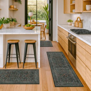 Black Green Kitchen Rugs Sets of 3, Washable Non-Slip Stain Resistant Mats & Runner, Low-Pile Vintage Botanical Floor Rugs for Entryway Bathroom Hallway Laundry Room