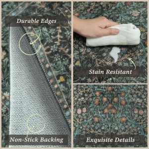 Black Green Kitchen Rugs Sets of 3, Washable Non-Slip Stain Resistant Mats & Runner, Low-Pile Vintage Botanical Floor Rugs for Entryway Bathroom Hallway Laundry Room