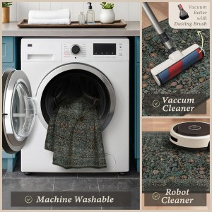 Black Green Kitchen Rugs Sets of 3, Washable Non-Slip Stain Resistant Mats & Runner, Low-Pile Vintage Botanical Floor Rugs for Entryway Bathroom Hallway Laundry Room