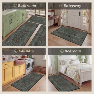 Black Green Kitchen Rugs Sets of 3, Washable Non-Slip Stain Resistant Mats & Runner, Low-Pile Vintage Botanical Floor Rugs for Entryway Bathroom Hallway Laundry Room