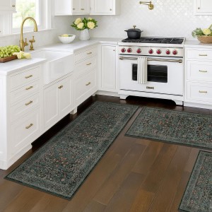 Black Green Kitchen Rugs Sets of 3, Washable Non-Slip Stain Resistant Mats & Runner, Low-Pile Vintage Botanical Floor Rugs for Entryway Bathroom Hallway Laundry Room