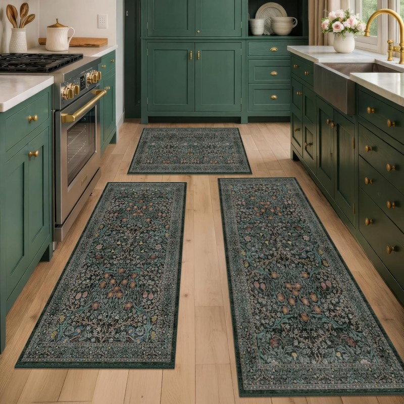 Black Green Kitchen Rugs Sets of 3, Washable Non-Slip Stain Resistant Mats & Runner, Low-Pile Vintage Botanical Floor Rugs for Entryway Bathroom Hallway Laundry Room