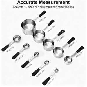 Measuring Cups and Spoons Set Stainless Steel 10 Piece for Cooking and Baking (5 Cups + 5 Spoons, Black Handle)