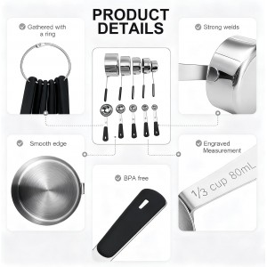 Measuring Cups and Spoons Set Stainless Steel 10 Piece for Cooking and Baking (5 Cups + 5 Spoons, Black Handle)