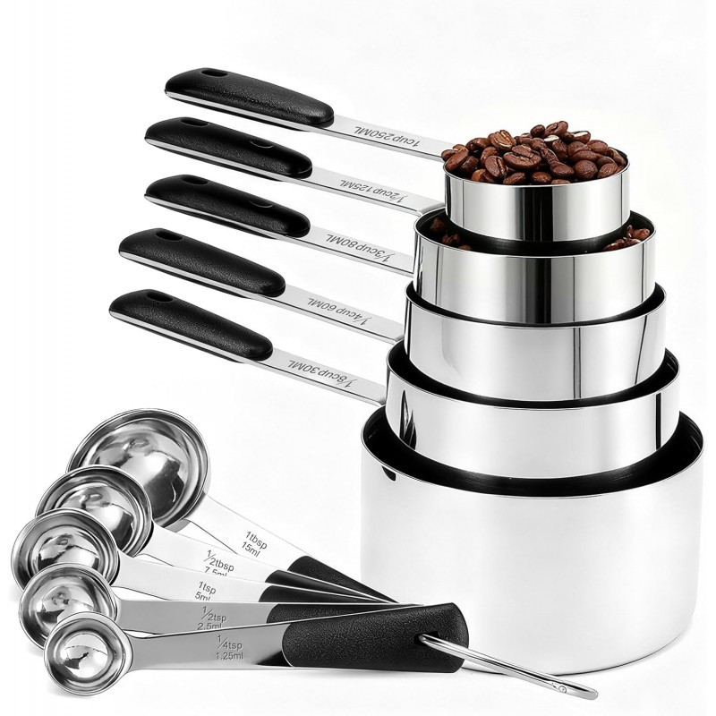 Measuring Cups and Spoons Set Stainless Steel 10 Piece for Cooking and Baking (5 Cups + 5 Spoons, Black Handle)