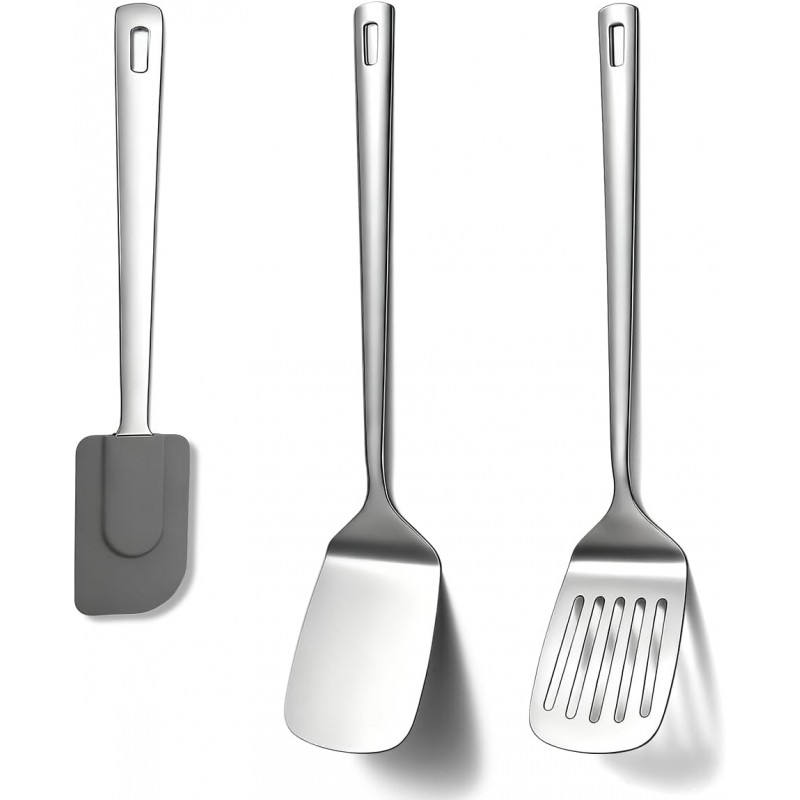 Berglander Stainless Steel Spatulas Set 3pcs, Metal Spatula Solid&Slotted&Flexible Turner, Heavy Duty Sturdy Kitchen Spatula, High Heat Resistant Cooking Utensils for Nonstick Cookware