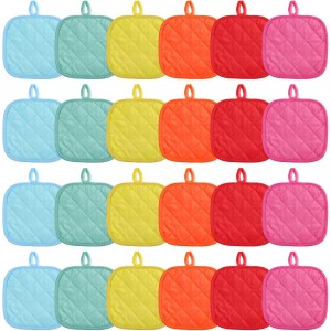 24 Pcs Pot Holders for Kitchen, Heat Resistant Quilted Hot Pads & Oven Mitts with Hanging Loops, Multicolor Cotton Potholder Set for Cooking & Baking (6 Colors)