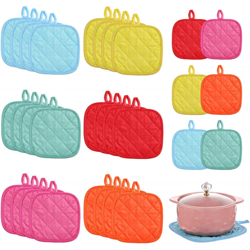 24 Pcs Pot Holders for Kitchen, Heat Resistant Quilted Hot Pads & Oven Mitts with Hanging Loops, Multicolor Cotton Potholder Set for Cooking & Baking (6 Colors)