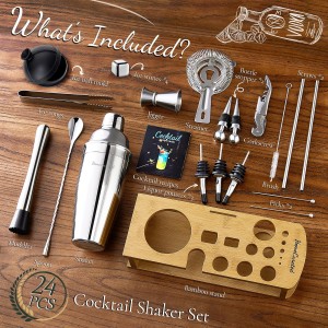 Cocktail Shaker Set,24-Piece Bar Bartender Kit with Stand,Martini Shaker,Jigger,Strainer,Mixer Spoon,Muddler,Liquor Pourers,Tongs,Opener,LCE Ball Mold&LCE Cubes,Bottle Stoppers|Silver
