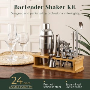 Cocktail Shaker Set,24-Piece Bar Bartender Kit with Stand,Martini Shaker,Jigger,Strainer,Mixer Spoon,Muddler,Liquor Pourers,Tongs,Opener,LCE Ball Mold&LCE Cubes,Bottle Stoppers|Silver