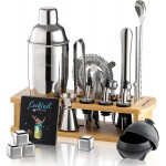 Cocktail Shaker Set,24-Piece Bar Bartender Kit with Stand,Martini Shaker,Jigger,Strainer,Mixer Spoon,Muddler,Liquor Pourers,Tongs,Opener,LCE Ball Mold&LCE Cubes,Bottle Stoppers|Silver