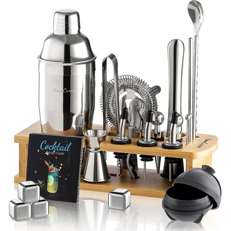 Cocktail Shaker Set,24-Piece Bar Bartender Kit with Stand,Martini Shaker,Jigger,Strainer,Mixer Spoon,Muddler,Liquor Pourers,Tongs,Opener,LCE Ball Mold&LCE Cubes,Bottle Stoppers|Silver