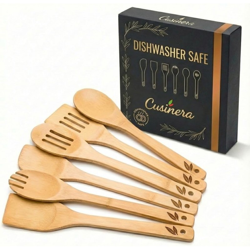 Dishwasher Safe Bamboo Wooden Spoons for Cooking 6-Piece – Kitchen Gadgets Wooden Cooking Utensils Set – Premium Kitchen Utensils Set – Easy to Clean, Perfect for Non-Stick Cookware