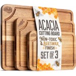 Cutting Boards for Kitchen (Set of 3) Beeswax Finished Acacia Wood Cutting Board, Mineral Oil Free Wooden Cutting Boards non Toxic with Juice Groove, Non-Slip Feet, Charcuterie Boards