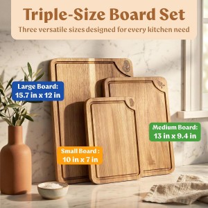 Cutting Boards for Kitchen (Set of 3) Beeswax Finished Acacia Wood Cutting Board, Mineral Oil Free Wooden Cutting Boards non Toxic with Juice Groove, Non-Slip Feet, Charcuterie Boards