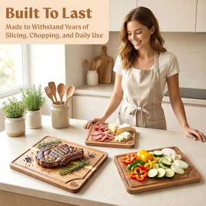 Cutting Boards for Kitchen (Set of 3) Beeswax Finished Acacia Wood Cutting Board, Mineral Oil Free Wooden Cutting Boards non Toxic with Juice Groove, Non-Slip Feet, Charcuterie Boards