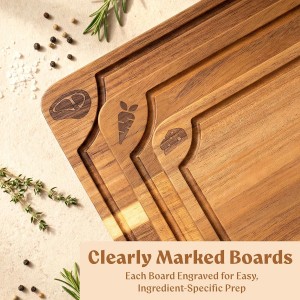 Cutting Boards for Kitchen (Set of 3) Beeswax Finished Acacia Wood Cutting Board, Mineral Oil Free Wooden Cutting Boards non Toxic with Juice Groove, Non-Slip Feet, Charcuterie Boards
