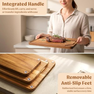 Cutting Boards for Kitchen (Set of 3) Beeswax Finished Acacia Wood Cutting Board, Mineral Oil Free Wooden Cutting Boards non Toxic with Juice Groove, Non-Slip Feet, Charcuterie Boards