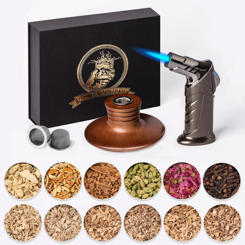 Whiskey Smoker Kit with Torch - 12 Flavors Wood Chips - Cocktail Smoker Infuser Kit, Old Fashioned Drink Smoker Kit, Birthday Bourbon Whiskey Gifts for Men,Dad(NO Butane)