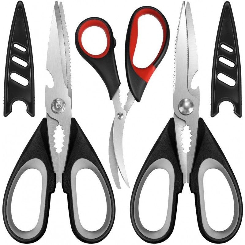 All Purpose Kitchen Shears with Protective Sheath, Heavy Duty 3 Pack Kitchen Scissors with Serrated Blade, Stainless Steel Cooking Scissors for Poultry, Food, Vegetables