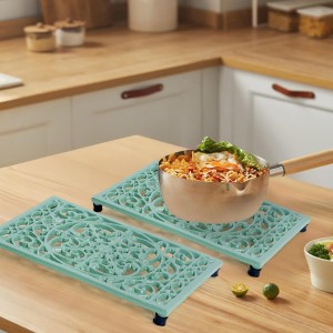 Cast Iron Trivets Metal Trivets with Rubber Feet for Hot Dishes Heat Resistant for Kitchen Cooktop and Dining Table Protection (Green Medium 2 Pack)