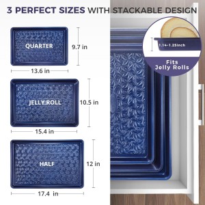 HONGBAKE Nonstick Baking Sheet Pan Set of 3, Cookie Sheets for Oven, Non-Toxic Half/Quarter/Jelly Roll Pans with Floral Swirl Texture, Heavy Duty 0.8mm Thick Oven Trays for Cooking, Blue