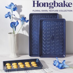 HONGBAKE Nonstick Baking Sheet Pan Set of 3, Cookie Sheets for Oven, Non-Toxic Half/Quarter/Jelly Roll Pans with Floral Swirl Texture, Heavy Duty 0.8mm Thick Oven Trays for Cooking, Blue