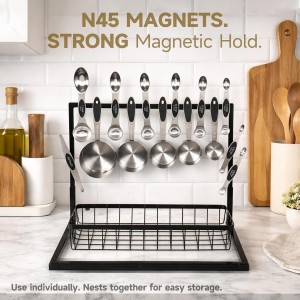 Magnetic Measuring Cups and Spoons Set, Strong N45 Magnets, 304 Stainless Steel, Double-Sided Measuring Spoons, 14-Piece Set with Leveler for Baking & Cooking