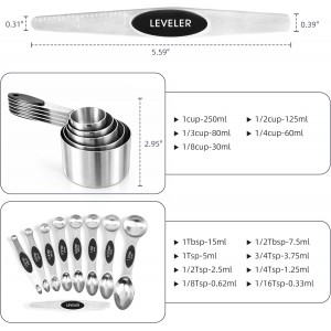 Magnetic Measuring Cups and Spoons Set, Strong N45 Magnets, 304 Stainless Steel, Double-Sided Measuring Spoons, 14-Piece Set with Leveler for Baking & Cooking