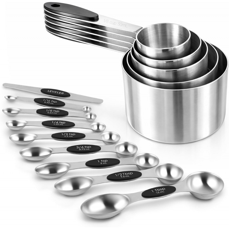 Magnetic Measuring Cups and Spoons Set, Strong N45 Magnets, 304 Stainless Steel, Double-Sided Measuring Spoons, 14-Piece Set with Leveler for Baking & Cooking