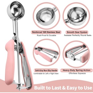 Cookie Scoops for Baking Set of 2, Pink Handle 18/8 Stainless Steel Ice Cream Scoop Set with Ergonomic Soft Grip, Spring Trigger Release Cookie Dough Scooper for Cupcakes, Muffins, Meatballs, Melon