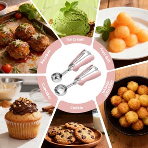 Cookie Scoops for Baking Set of 2, Pink Handle 18/8 Stainless Steel Ice Cream Scoop Set with Ergonomic Soft Grip, Spring Trigger Release Cookie Dough Scooper for Cupcakes, Muffins, Meatballs, Melon