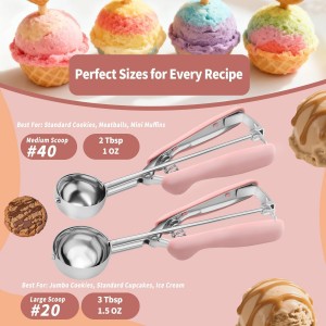 Cookie Scoops for Baking Set of 2, Pink Handle 18/8 Stainless Steel Ice Cream Scoop Set with Ergonomic Soft Grip, Spring Trigger Release Cookie Dough Scooper for Cupcakes, Muffins, Meatballs, Melon