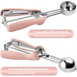 Cookie Scoops for Baking Set of 2, Pink Handle 18/8 Stainless Steel Ice Cream Scoop Set with Ergonomic Soft Grip, Spring Trigger Release Cookie Dough Scooper for Cupcakes, Muffins, Meatballs, Melon