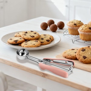 Cookie Scoops for Baking Set of 2, Pink Handle 18/8 Stainless Steel Ice Cream Scoop Set with Ergonomic Soft Grip, Spring Trigger Release Cookie Dough Scooper for Cupcakes, Muffins, Meatballs, Melon