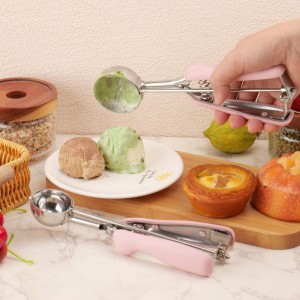 Cookie Scoops for Baking Set of 2, Pink Handle 18/8 Stainless Steel Ice Cream Scoop Set with Ergonomic Soft Grip, Spring Trigger Release Cookie Dough Scooper for Cupcakes, Muffins, Meatballs, Melon