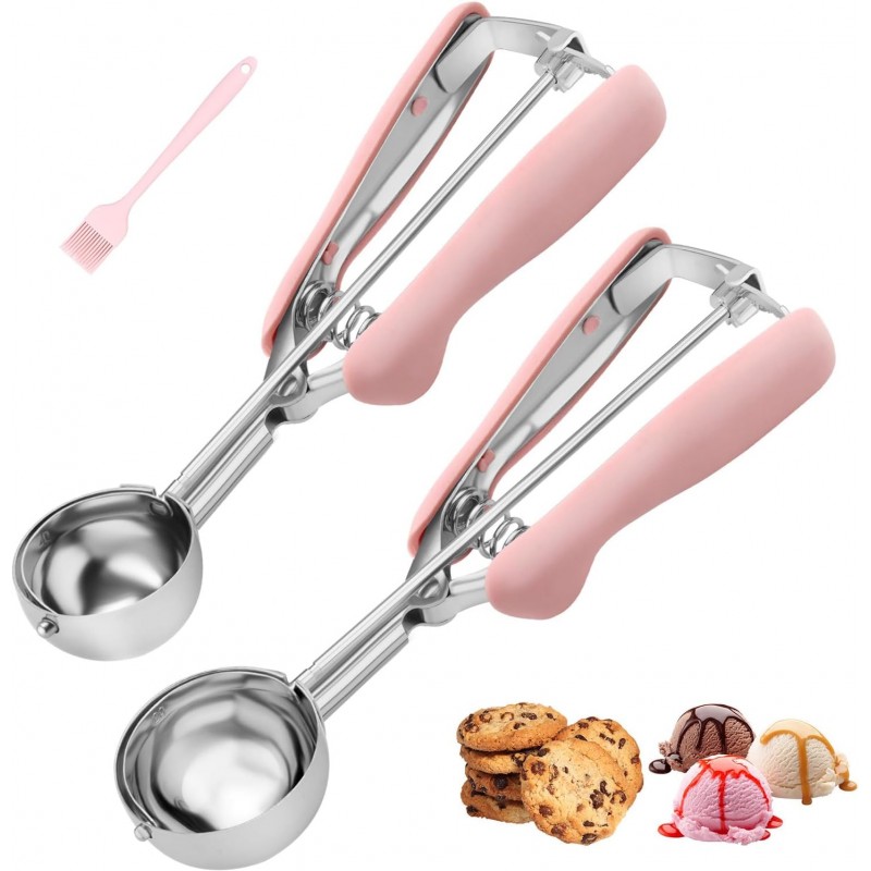 Cookie Scoops for Baking Set of 2, Pink Handle 18/8 Stainless Steel Ice Cream Scoop Set with Ergonomic Soft Grip, Spring Trigger Release Cookie Dough Scooper for Cupcakes, Muffins, Meatballs, Melon